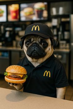 a pug dog dressed in a mcdonalds uniform holding a hamburger
