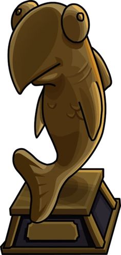 a fish statue sitting on top of a wooden box with its mouth open and eyes closed