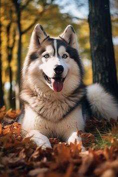 a husky dog laying in the leaves with its tongue out and his eyes wide open