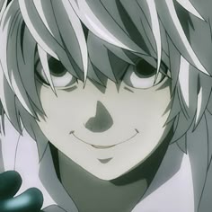 an anime character with white hair and black eyes looks at the camera while holding his hand up to his face