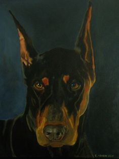 a painting of a black and tan doberman dog with orange spots on it's face