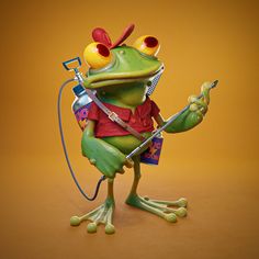 a green frog holding a hair dryer and scissors