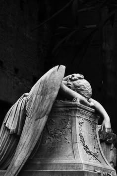 a black and white photo of a statue with an angel on it's back