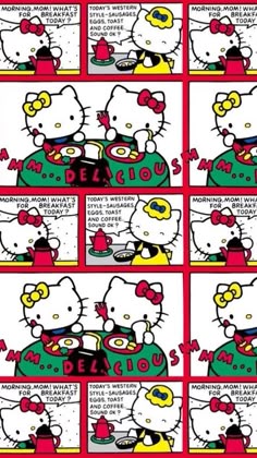 the comic strip has hello kitty eating food