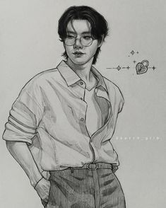 a black and white drawing of a man with glasses