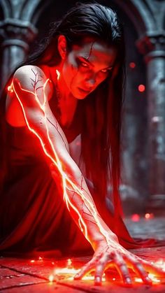 a woman with long hair and glowing hands