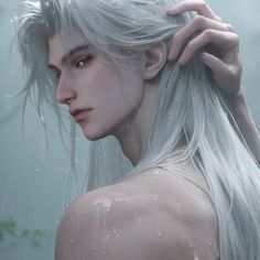 a woman with long white hair standing in the rain