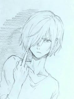 a pencil drawing of a person holding their hand up to his face and looking at the camera