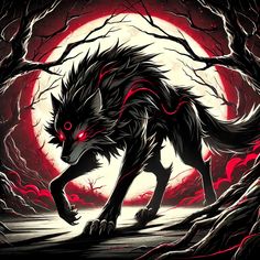 a wolf with red eyes walking in front of a full moon and some trees on the ground
