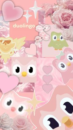 a pink background with hearts, flowers and birds