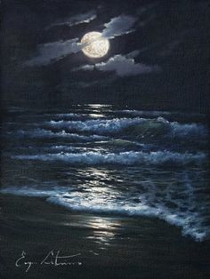 an oil painting of the moon over the ocean at night with waves crashing in front of it