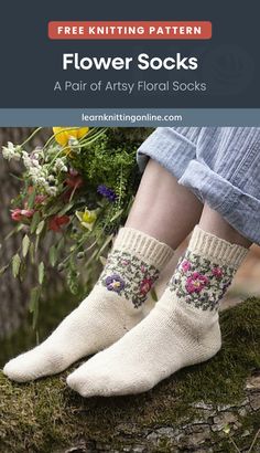 a woman's feet wearing socks with flowers on them and the words flower socks written in