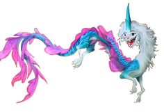 a blue and pink dragon is flying through the air with its tail extended to it's side
