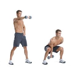 two men are doing exercises with dumbbells and one is squatting on his knees