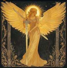 Angel With Staff, Seven Virtues Angels, Gold Angel Art, Art Nouveau Angel, Celestial Angel, Angel With Sun, Angel With Shield, Gold Angel, Golden Angel