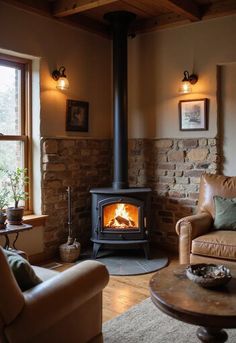 a living room filled with furniture and a wood burning stove in the middle of it
