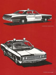 two police cars are shown side by side on a red background, one is white and the other is black