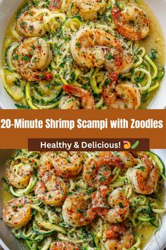 shrimp scampi with zucchini noodles and pesto sauce in a white bowl