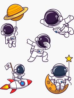 four cartoon astronauts in space suits flying around the earth and holding on to their hands