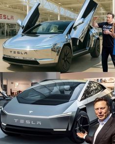 two men standing next to a silver car with its doors open and the man in black is holding his fist up