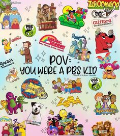 an advertisement for pov you were a pes kid with cartoon characters on it