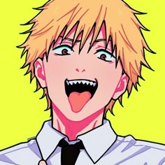 an anime character with blonde hair and blue eyes making a funny face while wearing a white shirt and black tie