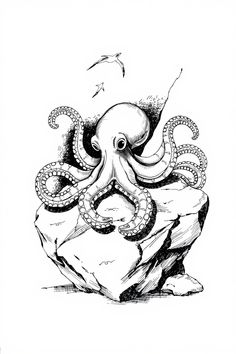 an octopus sitting on top of a rock with seagulls flying above it in the background