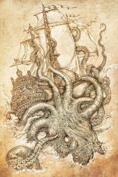 an octopus attacking a pirate ship in the ocean, with tentacles coming out of it