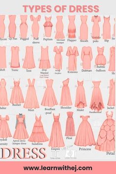 different types of dresses for women in pink and white, with text overlaying the image