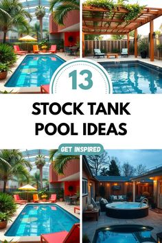 Collage of four stylish backyard setups featuring stock tank pools, cozy lounge areas, tropical plants, and a pergola-covered poolside deck.
