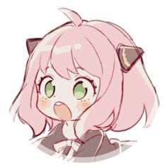 an anime character with pink hair and green eyes, wearing a cat ears headband