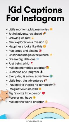 a kid's caption for instagram on a white background with rainbows and stars