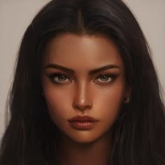 a digital painting of a woman's face with long dark hair and brown eyes