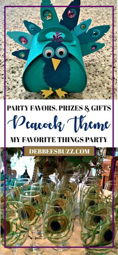 there are many glasses with birds on them and the words party favors, prizes & gifts peacock theme my favorite things party