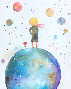 a watercolor painting of a boy standing on top of a blue planet with planets in the background