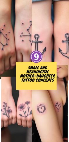 four different tattoos are shown with the words, small and large mother daughter tattoo designs