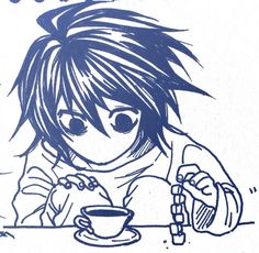 a drawing of a person sitting at a table with a coffee cup