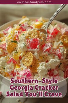 a close up of a bowl of food with the words southern - style georgia cracker salad you'll crave