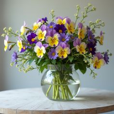 a glass vase filled with purple and yellow flowers on top of a wooden round table