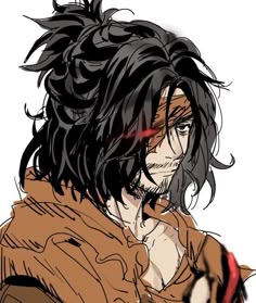 an anime character with long black hair wearing a brown shirt and holding a red object in his hand