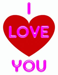the word i love you written in neon pink on a white background with a red heart