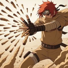 an anime character with red hair holding his arms out and throwing sand into the air