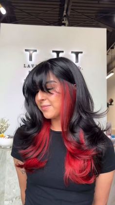 Peeakboo Hair, Peek Boo Hair Color, Red Peak A Boo, Wolf Cut Red And Black, Peekaboo Red Hair Color, Red Hair Black Peekaboo, Cherry Peekaboo Hair, Color Peekaboo Hair, Peek A Boo Hair With Bangs