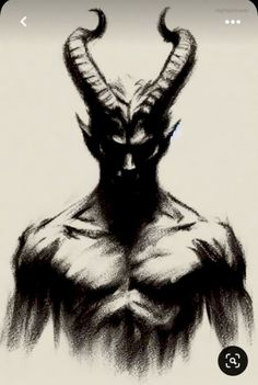 a black and white drawing of a demon with horns on his head, standing in front of the camera