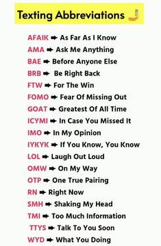 a poster with the words texting abbreviations in red and yellow on white background