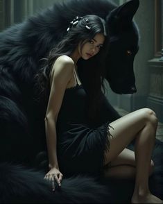 a woman sitting on top of a giant black wolf