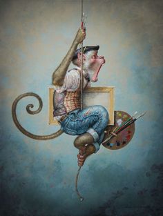 a painting of a monkey holding a paintbrush and an easel in it's mouth