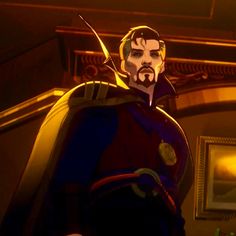 an animated man in a cape standing next to a painting on the wall and looking off into the distance