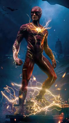 the flash standing in front of some lightning