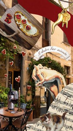 a dog is standing in front of a building with many paintings on the outside wall